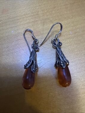 Amber Teardrop Dangle Earrings - Brown Amber with Silver Accents